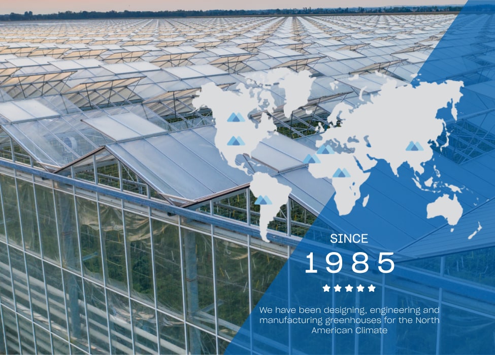 Greenhouses from above with text : Since 1985 - We have been designing, engineering and manufacturing greenhouses for the North American climate